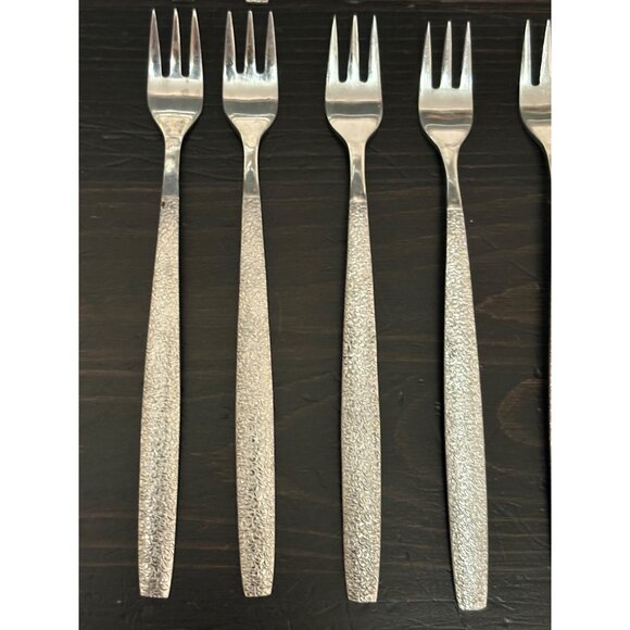 Set Of 10 Ekco Korea Stainless Steel Cocktail Seafood Forks 5.5" MCM Textured - Picture 3 of 7